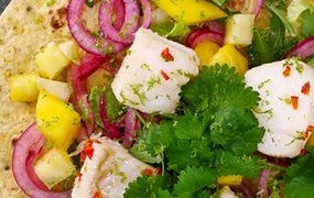 Tortilla mit Fisch, Mango und Gemüse